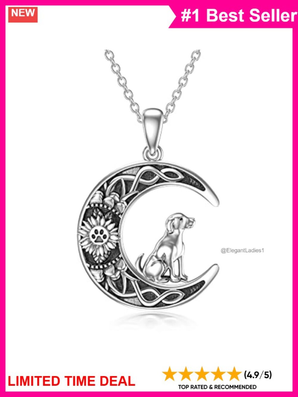 925 Sterling Silver Dog Paw Sunflower Pendant Necklace 18+2" Adjustable Chain